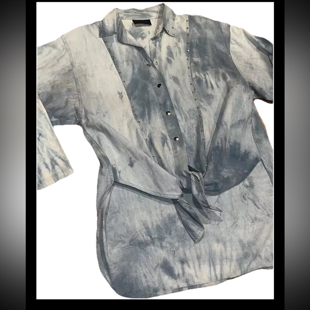 WESTERN SHIRT DOLLY PARTON 90s Nashville Chambray TIE Front Silver Snap XL Women